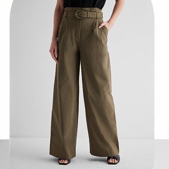 Express Pants - Express Wide Leg Super High Rise Belted Paperbag Pant, Olive Green, Size 6